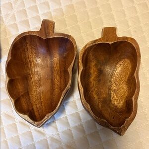 Vintage set Carved Wooden Leaf Bowls - Set of 2